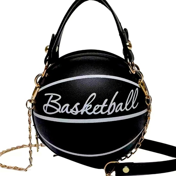 BASKETBALL SHAPE CROSSBODY MINI BAG, METAL CHAIN, LETTERS PRINTED BLACK - Picture 5 of 6